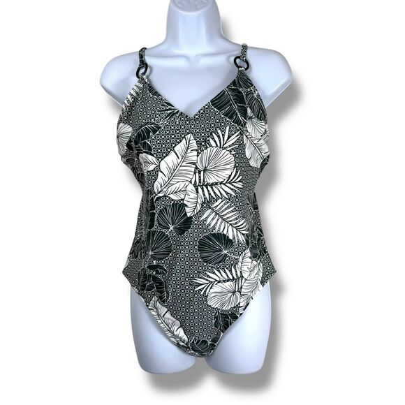 Kona Sol Swimsuit Womens Large Green White Tropical Leaf Print One-Piece - Picture 2 of 9